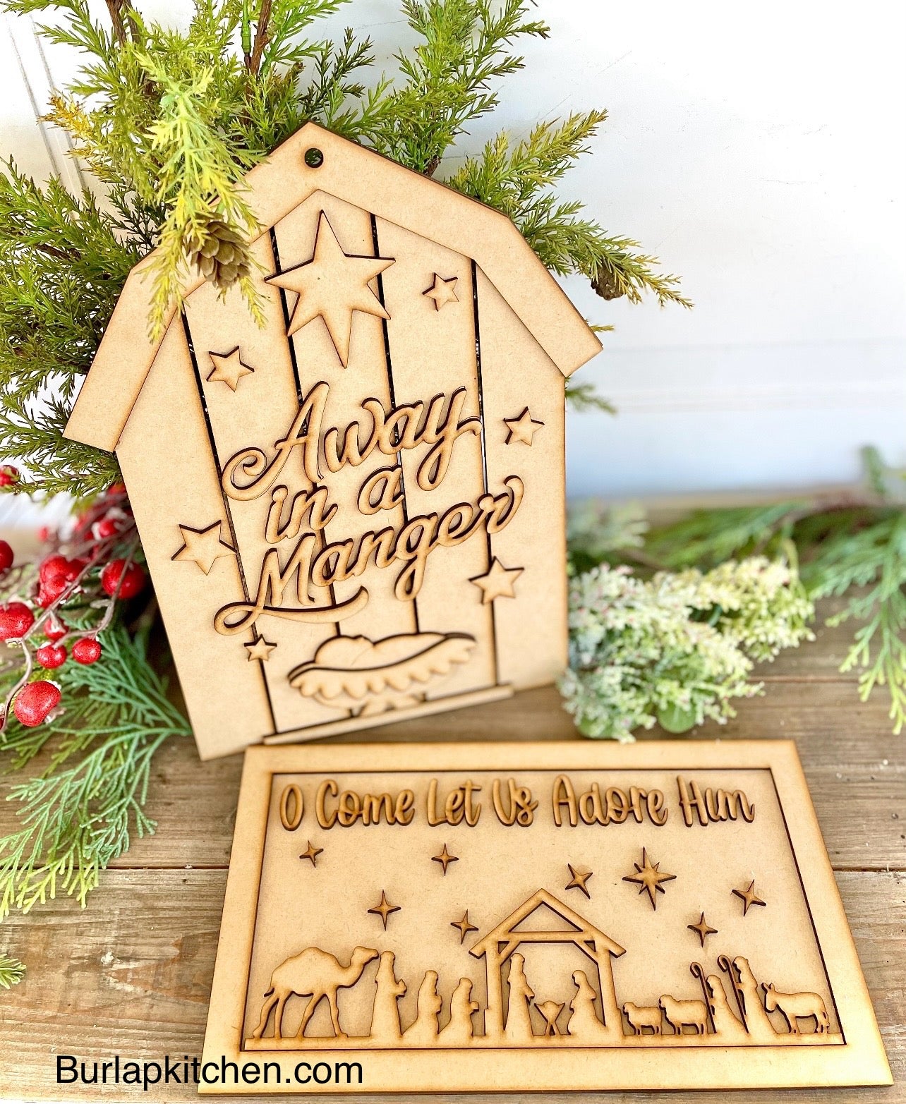 Christmas Christian Bundle - “Away in a Manger” Barn Hanger/Leaner + “O Come Let Us Adore Him” Nativity Frame - DIY Craft Kits