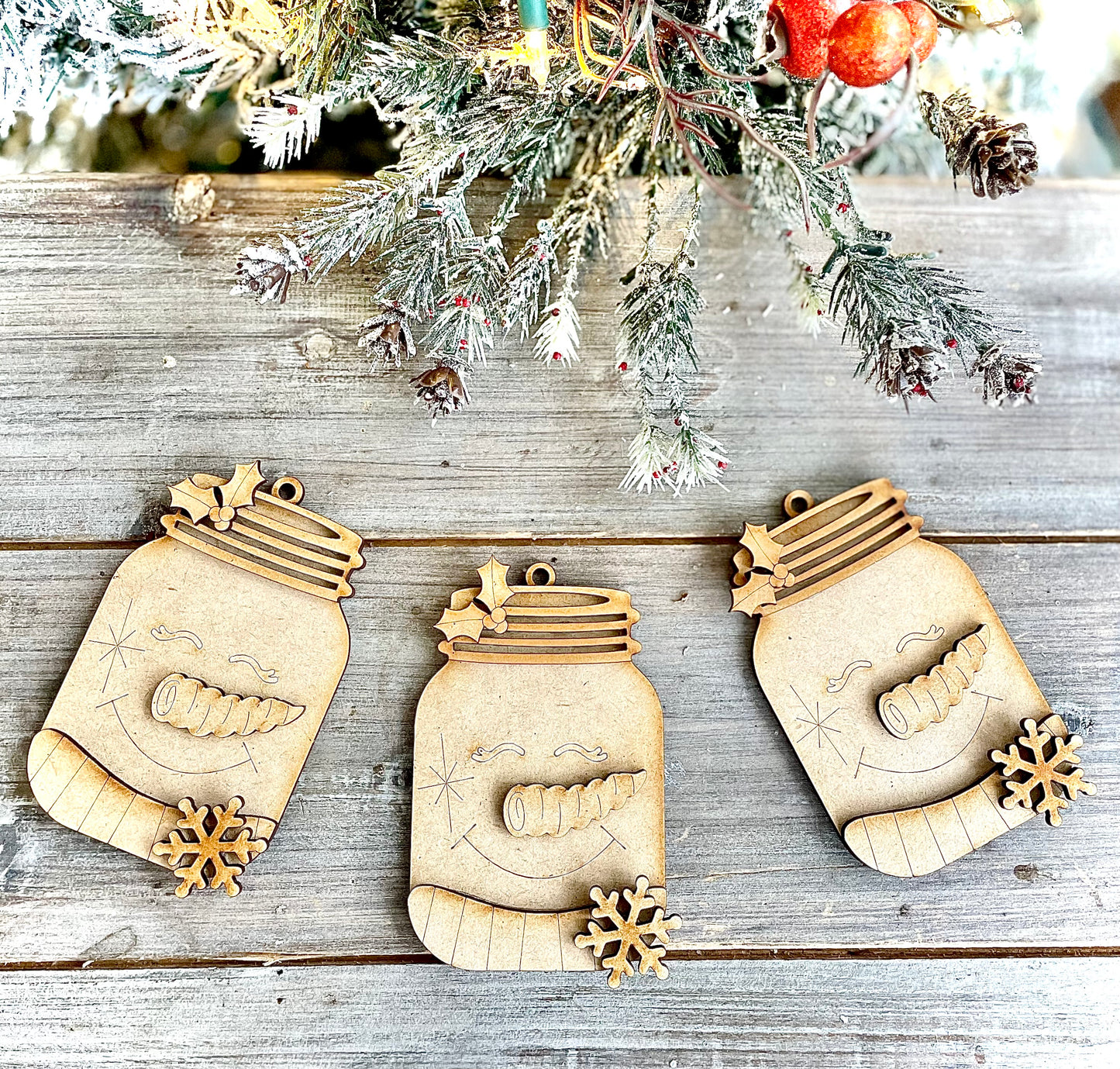 (BFR25) Happy Mason Jar Snowman Ornaments, Set of 3