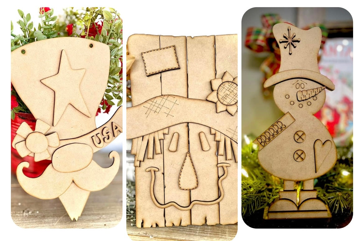 Three Seasons Besties Bundle (Whimsical Uncle Sam Hanger, Pallet Board Scarecrow Leaner, Merry Monday Primitive Snowman) - DIY Craft Kits
