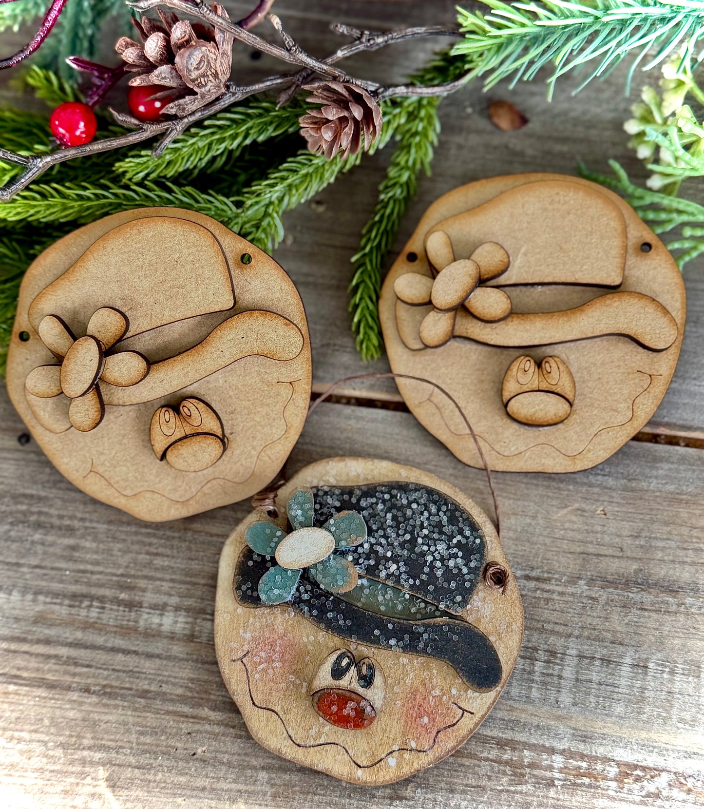 Merry Monday Primitive Snowmen w/Daisies Ornaments, Set of 3 - (DIY Craft Kit)
