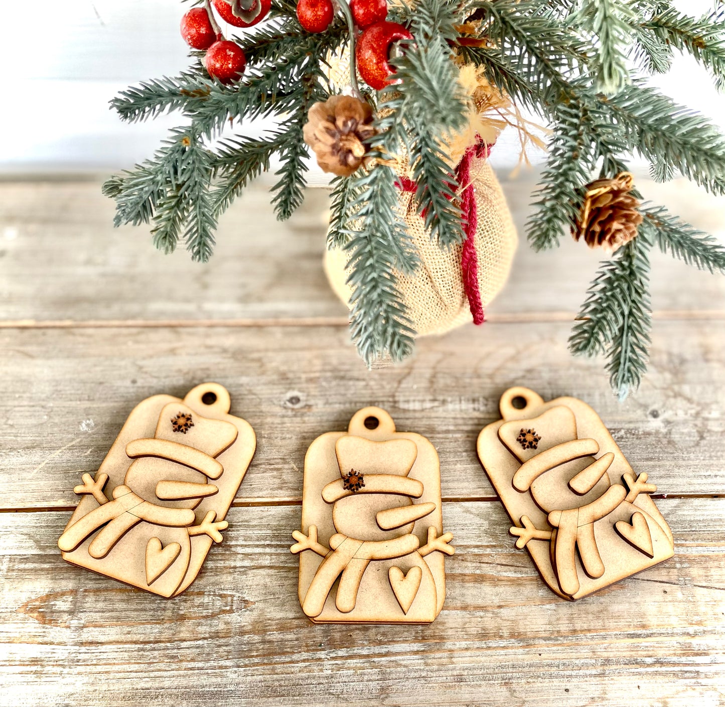 DIY Snowman Tag Ornaments with Heart (Set of 3)