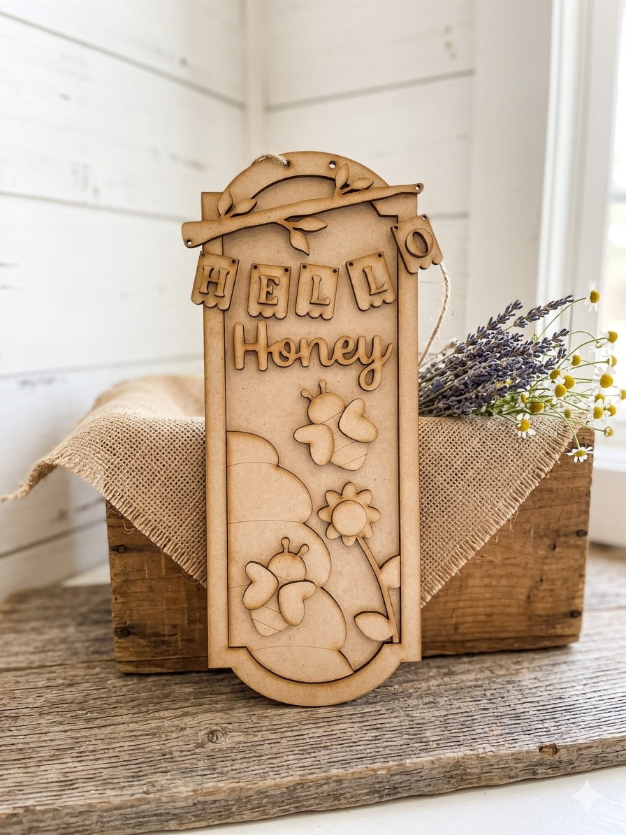 (Item#56) “Hello Honey” and Bees Framed Sign/Hanger - DIY Craft Kit