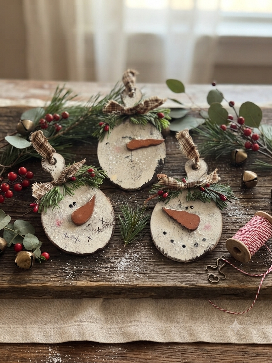 (Item#072) Snowman Face Round Cutting Board Ornaments, Set of
