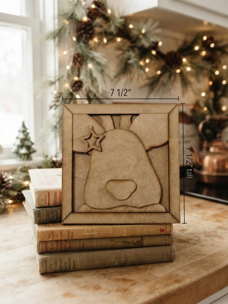 (Item#113) Bundle - Framed Reindeer w/ Star Accent Leaner + Tiny Whimsical Snowman Leaner - DIY Craft Kit