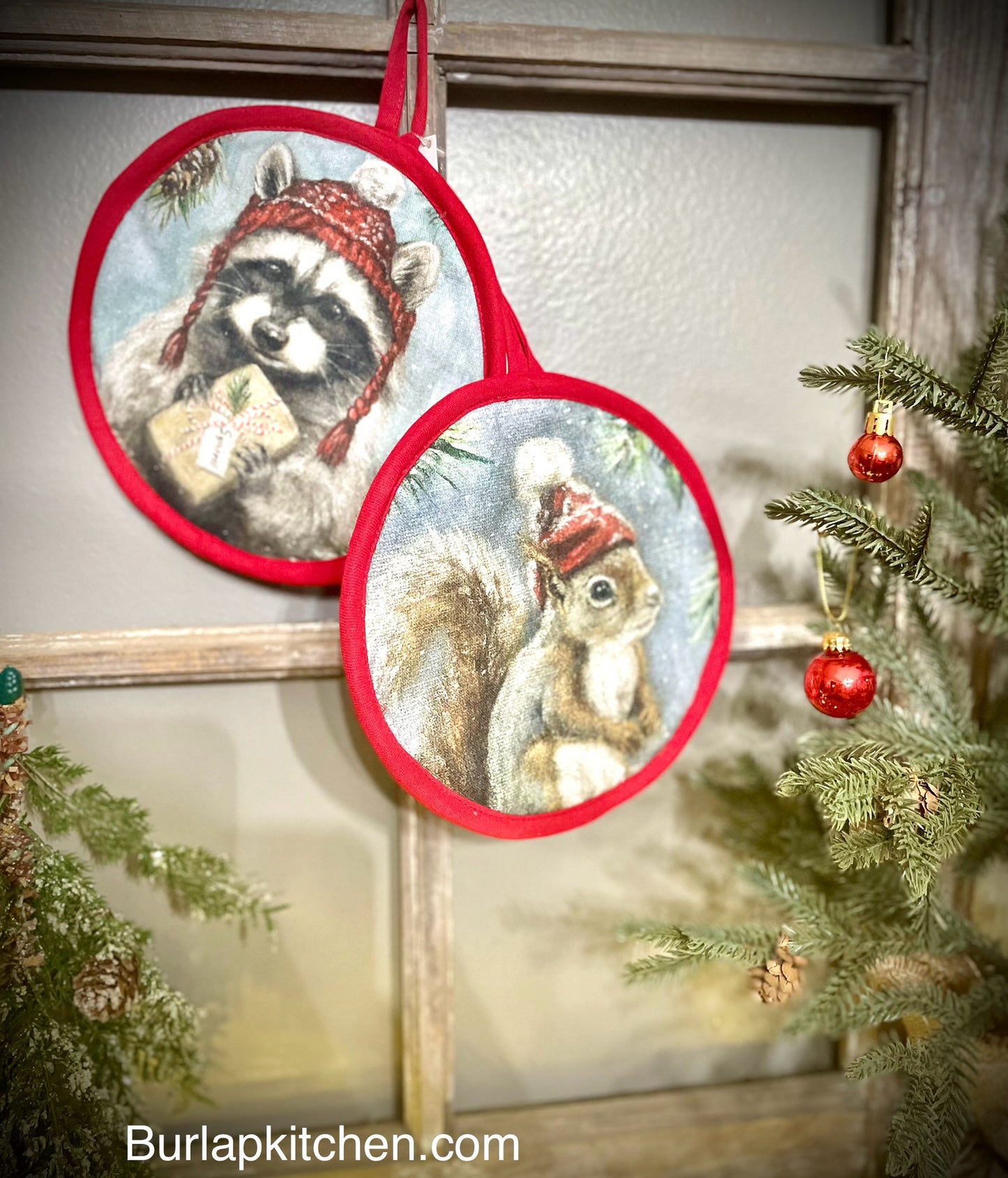 (F) Decorative Christmas Squirrel & Racoon Hot Pads