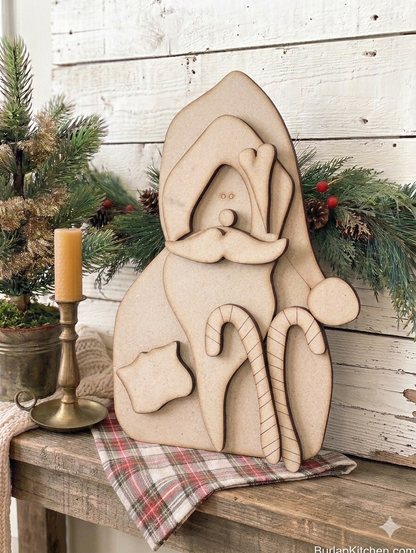 Rustic Santa Leaner w/Candy Canes (*Laser-cut on 1/8” MDF/Hardboard) - DIY Craft Kit