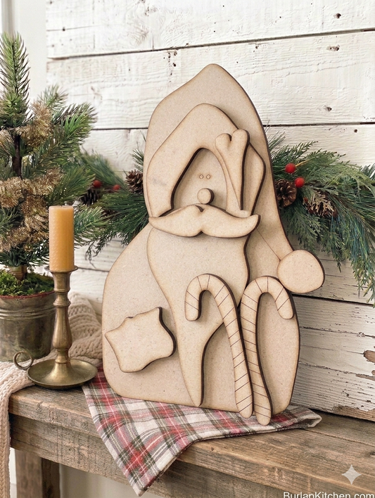 Rustic Santa Leaner w/Candy Canes (*Laser-cut on 1/8” MDF/Hardboard) - DIY Craft Kit