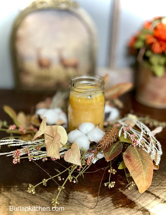 (F) Rustic Cotton and Floral Fall Candle Ring for Home Decor