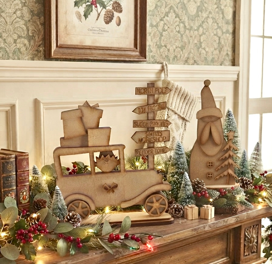 (Item#094) Bundle - Elf in Vintage Car + Santa and Wonky Tree Leaner - DIY Craft Kit