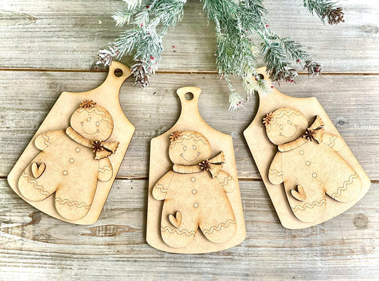 (BFR25) Rustic Gingerbread Man on Cutting Board DIY Ornaments - Set of 3