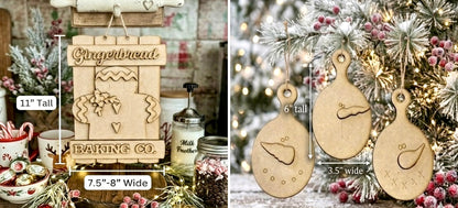 (Item#073) Bundle - “Gingerbread Baking Co.” Pallet Hanger/Leaner + Snowman Face Round Cutting Board Ornaments