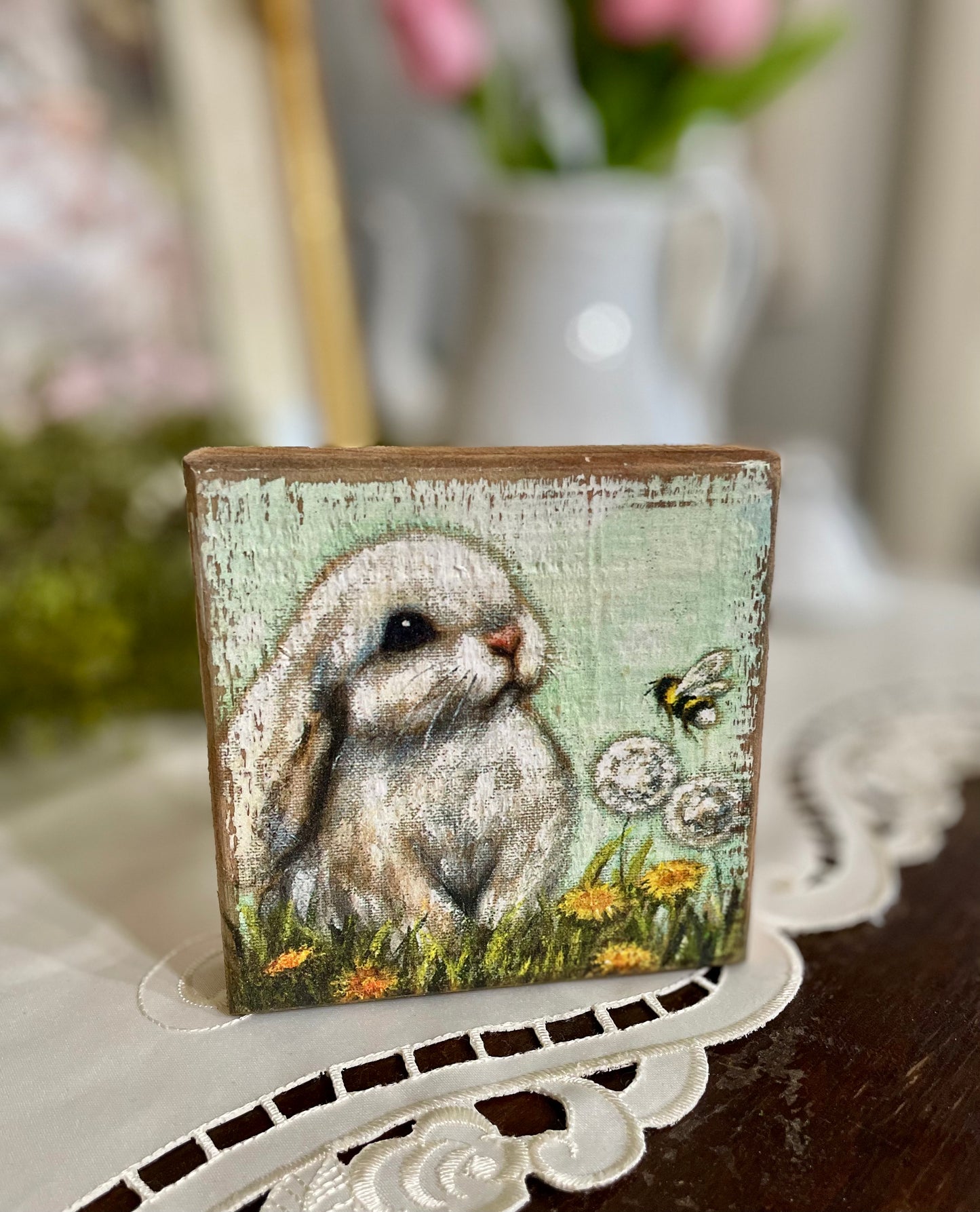 (FP) Rustic Wooden Bunny Block - Spring & Easter Decor
