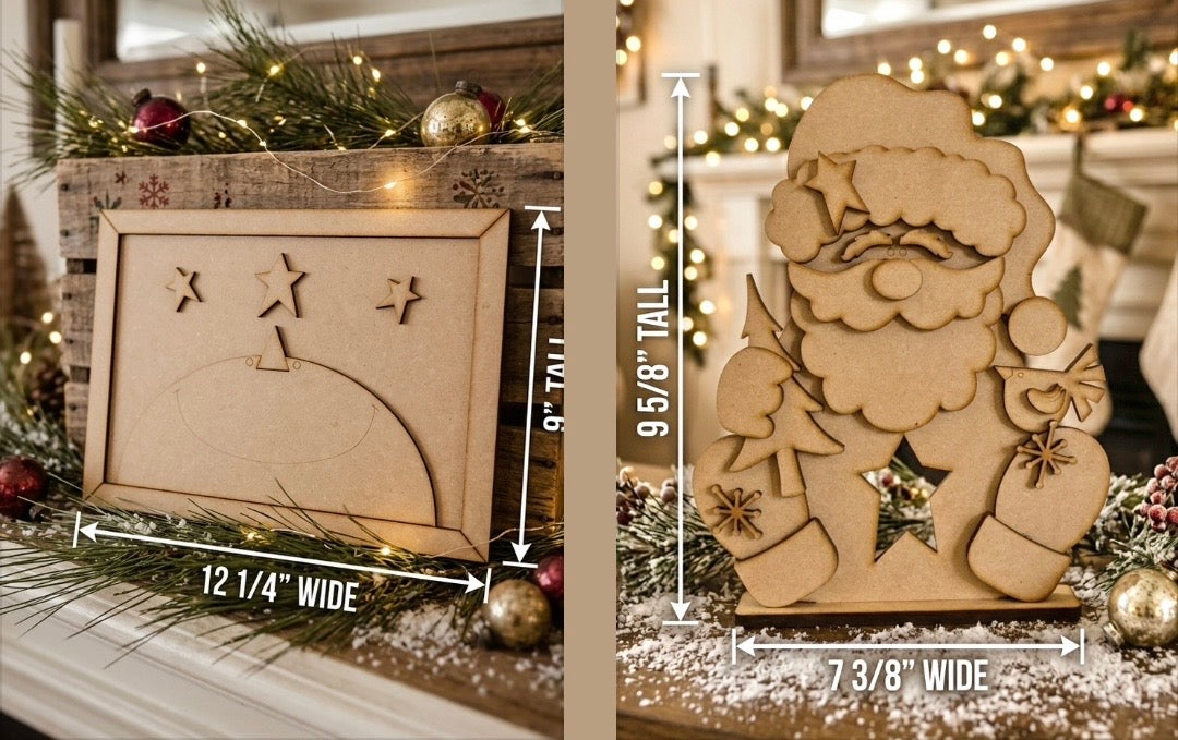 (Item#076) Bundle - Snowman Sky in Frame Leaner + Intricate Festive Santa Tea Light Holder - DIY Craft Kit