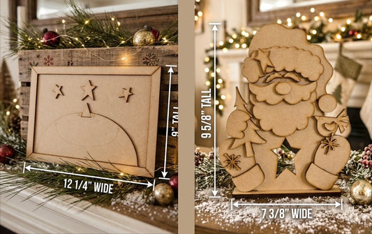 (Item#076) Bundle - Snowman Sky in Frame Leaner + Intricate Festive Santa Tea Light Holder - DIY Craft Kit