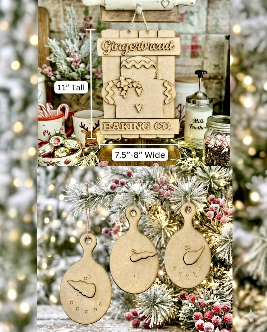 (Item#073) Bundle - “Gingerbread Baking Co.” Pallet Hanger/Leaner + Snowman Face Round Cutting Board Ornaments