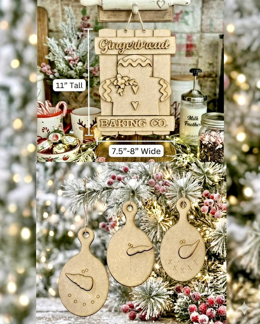 (Item#073) Bundle - “Gingerbread Baking Co.” Pallet Hanger/Leaner + Snowman Face Round Cutting Board Ornaments
