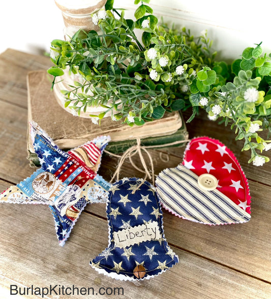 (HSM) Hand Sewn by Mimi Patriotic Fabric Ornaments, set of 3 - FREE SHIPPING