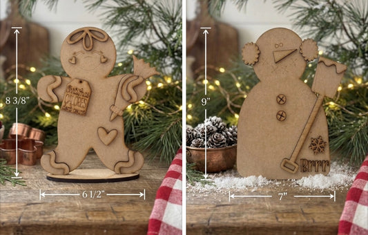 (Item#079) Bundle - “Christmas Calories Don’t Count” Stand Alone Gingerbread Man + “Brrr” Snowman w/ Shovel Leaner - DIY Craft Kit