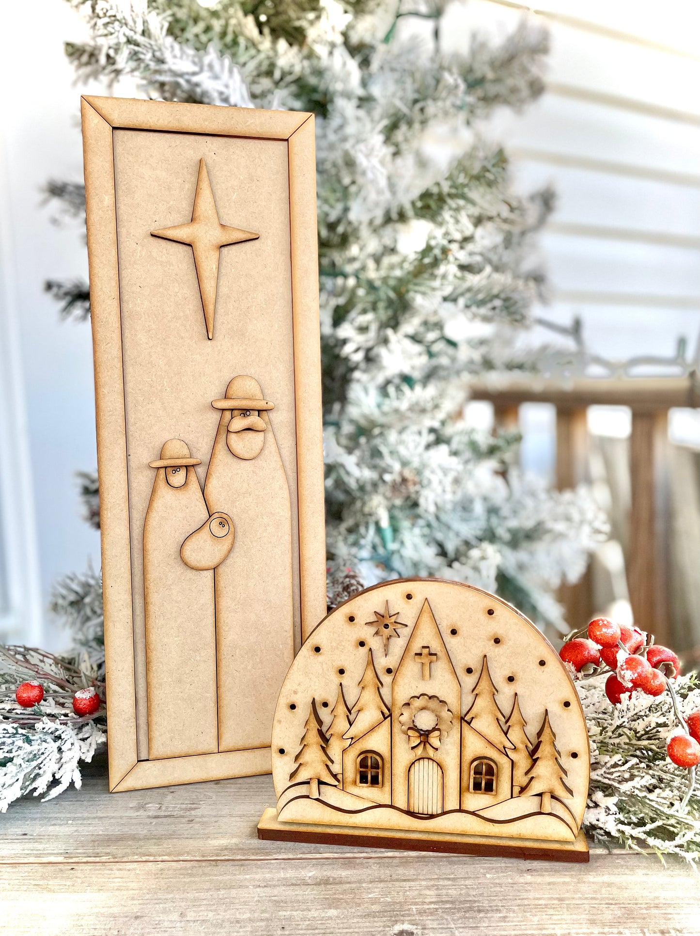 Merry Monday Bundle Deal - Mary, Joseph, & Baby Jesus in Frame + Christmas Church Scene Stand Alone DIY Craft