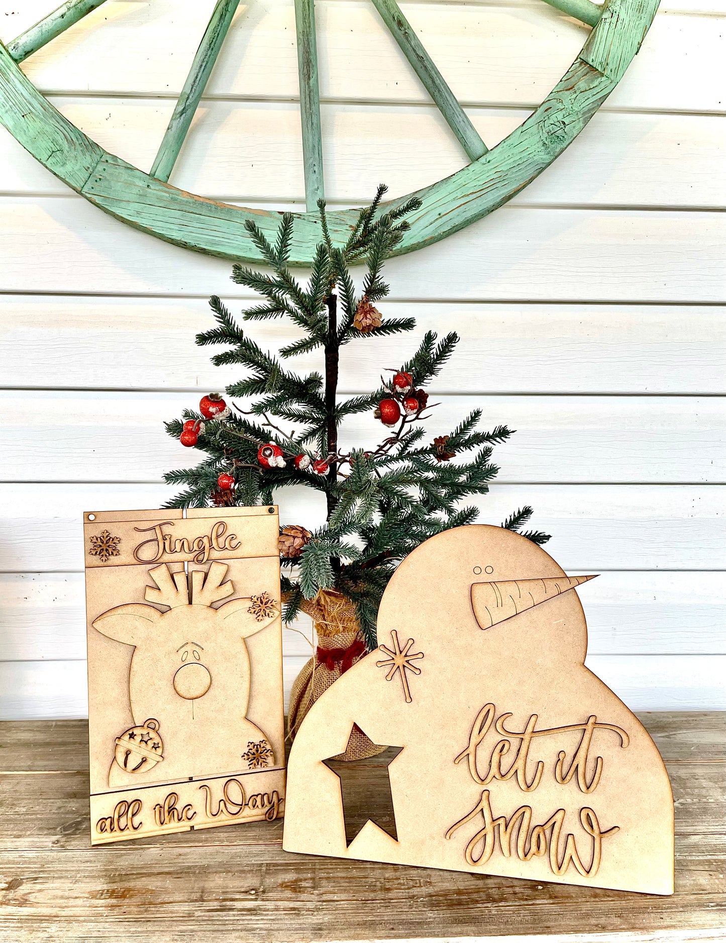 Merry Monday Bundle Deal - Fluffy The Snowman “Let it Snow” with Stand + “Jingle All The Way” Reindeer Sign/Leaner (DIY Craft Kits)