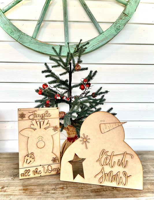 Merry Monday Bundle Deal - Fluffy The Snowman “Let it Snow” with Stand + “Jingle All The Way” Reindeer Sign/Leaner (DIY Craft Kits)