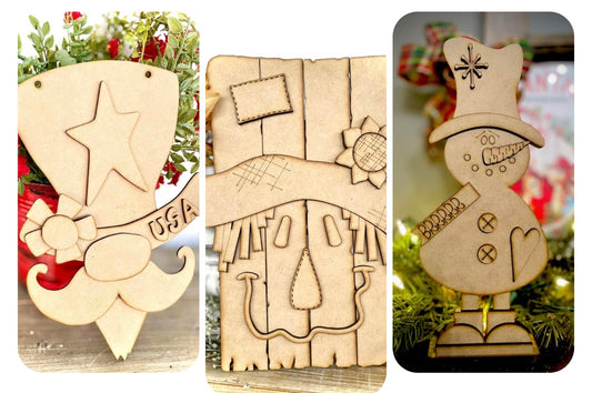Three Seasons Besties Bundle (Whimsical Uncle Sam Hanger, Pallet Board Scarecrow Leaner, Merry Monday Primitive Snowman) - DIY Craft Kits