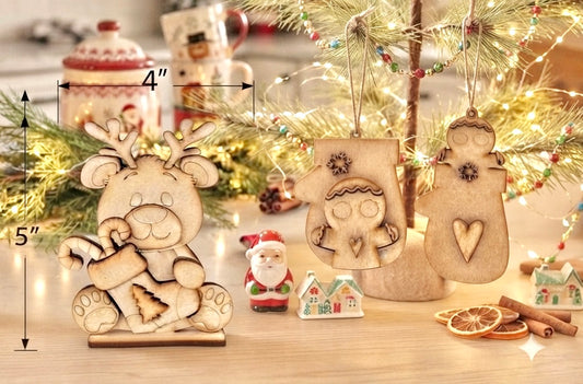 Bundle - Mitten Gingerbread Men DIY Ornaments (Set of 2) + Mini Stand Alone Teddy Bear Reindeer - DIY Craft Kit