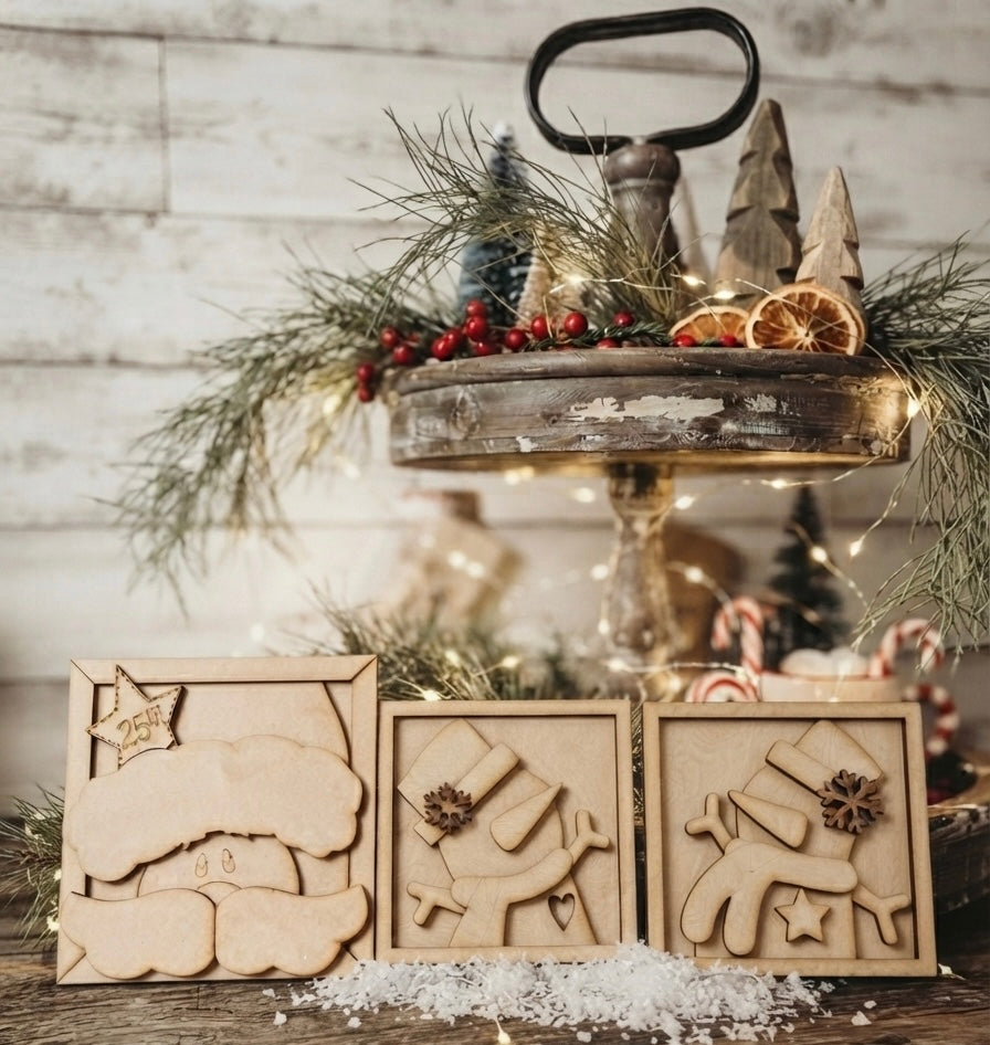 (Item#088) Bundle - 25th Santa Face Frame Leaner + Framed Snowman Tiered Tray Leaners, Set of 2