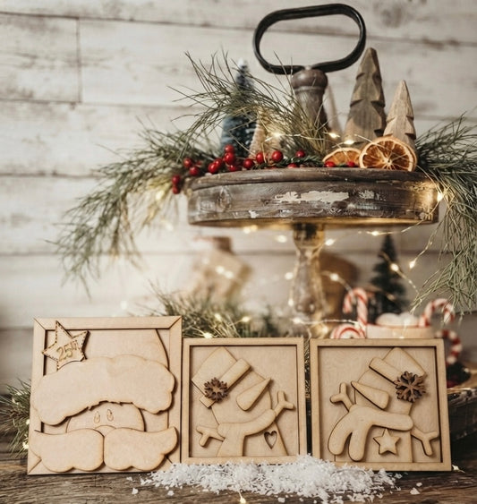 (Item#088) Bundle - 25th Santa Face Frame Leaner + Framed Snowman Tiered Tray Leaners, Set of 2