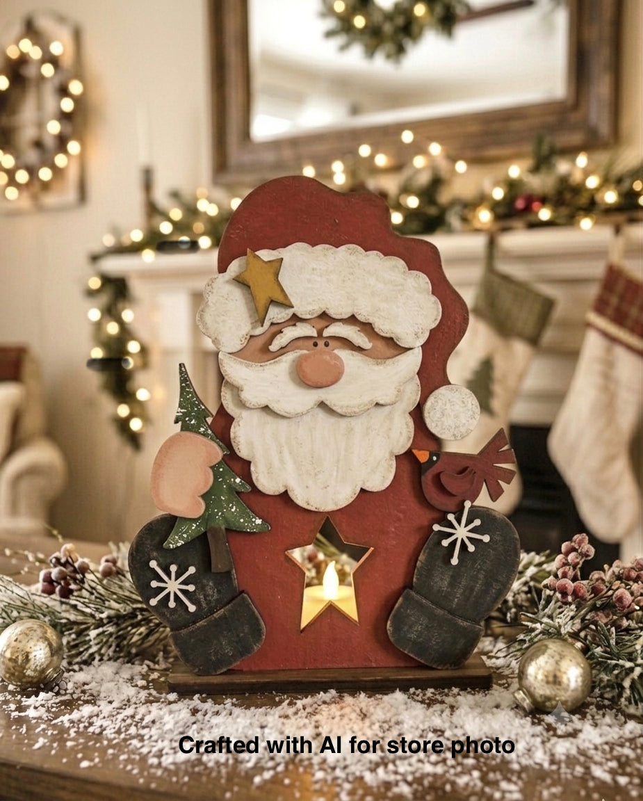 (Item#076) Bundle - Snowman Sky in Frame Leaner + Intricate Festive Santa Tea Light Holder - DIY Craft Kit