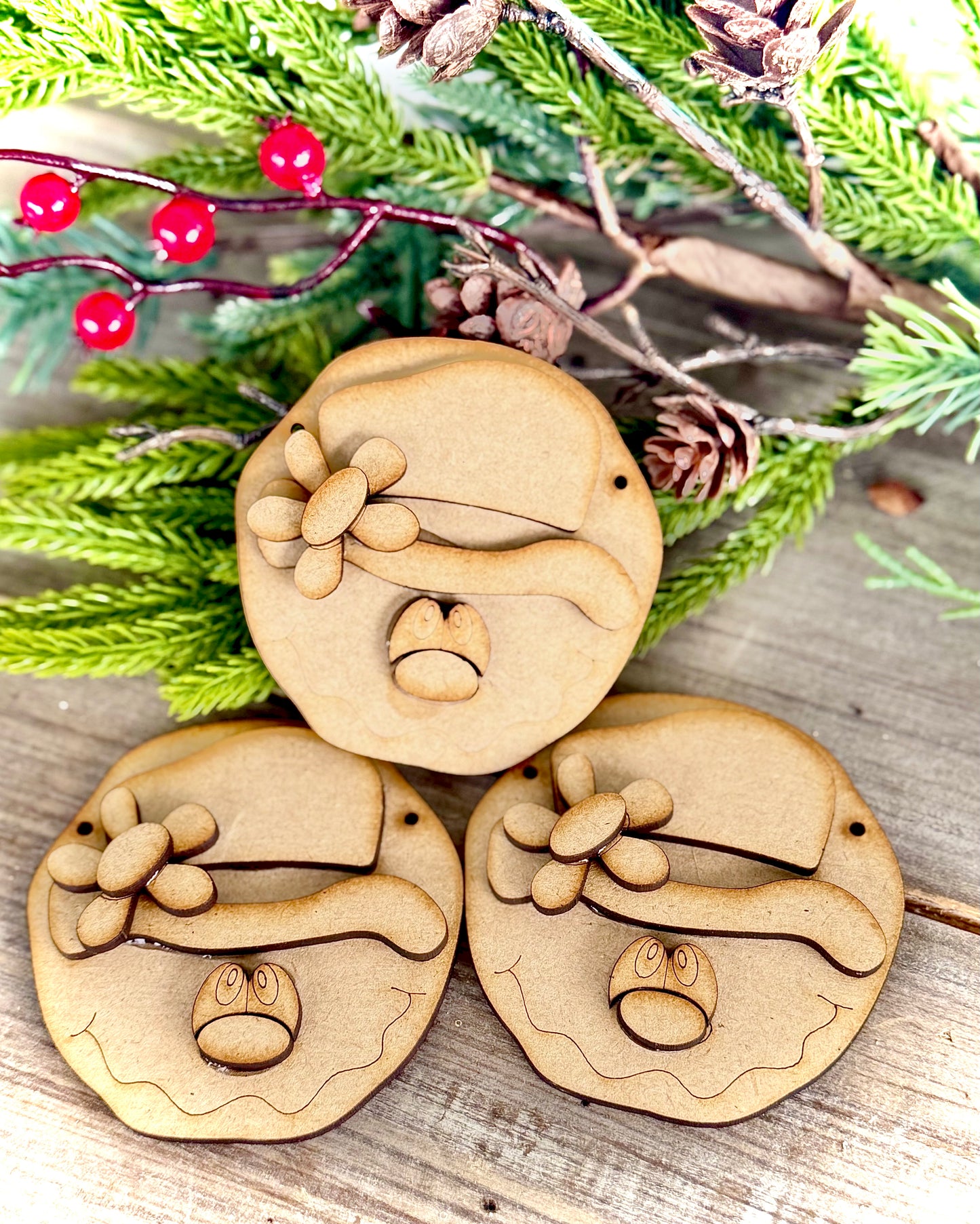 Merry Monday Primitive Snowmen w/Daisies Ornaments, Set of 3 - (DIY Craft Kit)