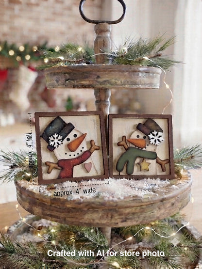 (Item#087) Framed Snowman Tiered Tray Leaner, Set of 2