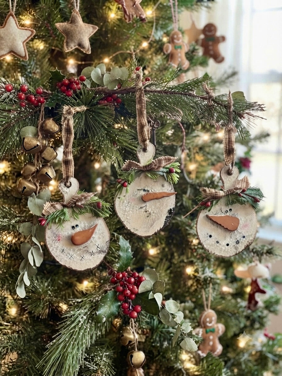 (Item#072) Snowman Face Round Cutting Board Ornaments, Set of