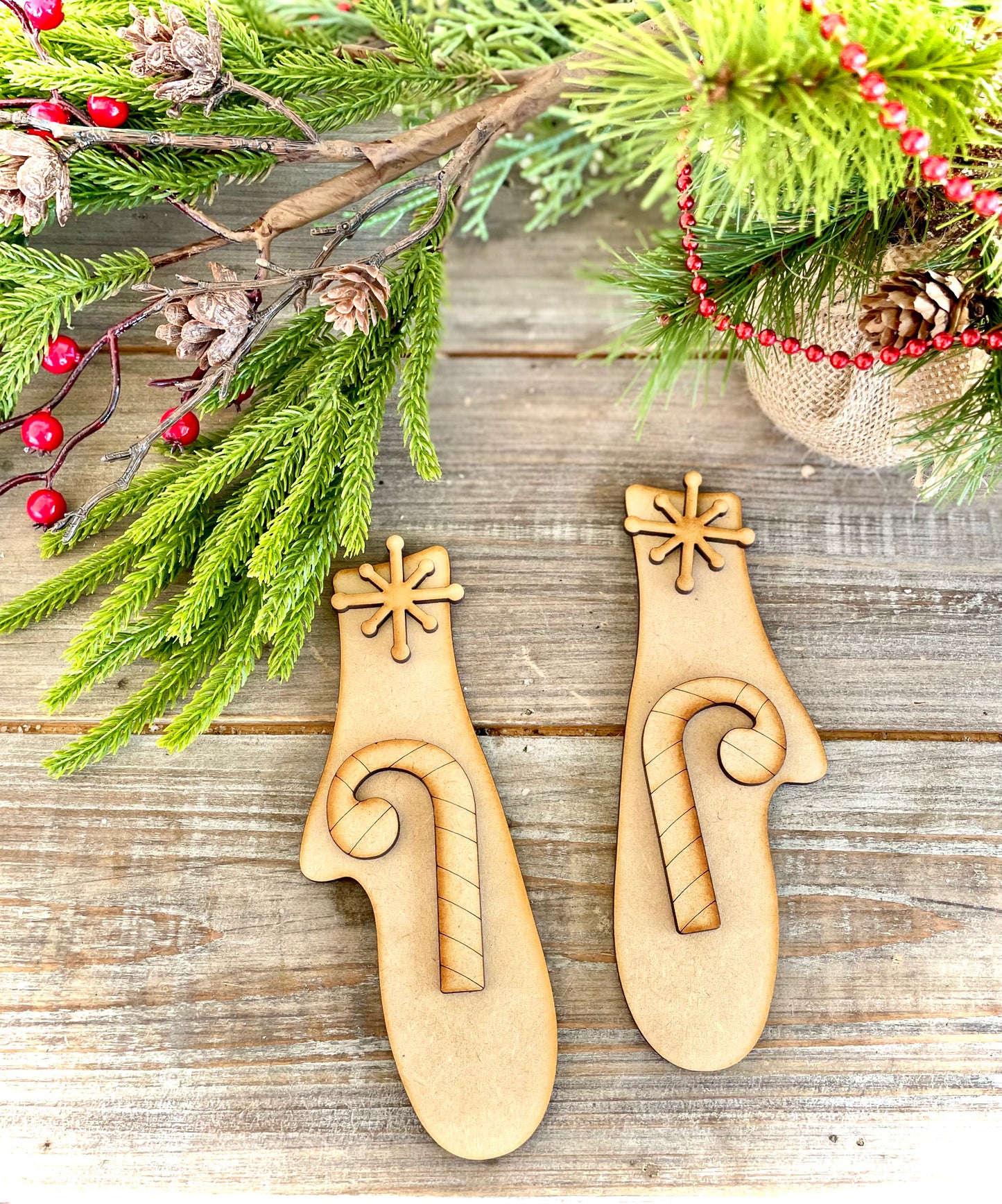 Primitive Skinny Mittens w/Snowflakes and Candy Cane Accents - (DIY Craft Kit)