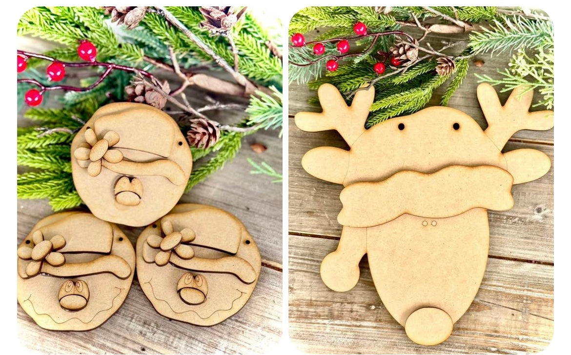 Merry Monday Bundle Deal - Primitive Snowmen w/Daisies DIY Ornaments, Set of 3 + Primitive Reindeer w/ Santa Hat Hanger - (DIY Craft Kit)