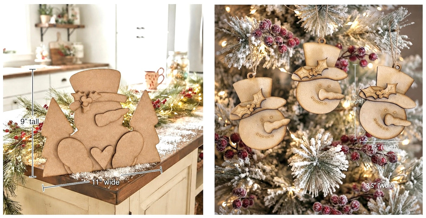 (Item#097) Bundle - Holly Snowman and Trees Leaner + Holly Leaf DIY Snowman Ornaments, Set of 3