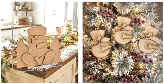(Item#097) Bundle - Holly Snowman and Trees Leaner + Holly Leaf DIY Snowman Ornaments, Set of 3