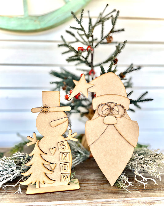 Merry Monday Bundle Deal - Stand Alone Snowman with Heart Buttons, Tree, and Snow Letters + Primitive Santa with Glasses (DIY Craft Kit)