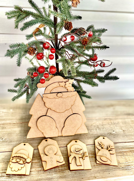 Merry Monday Bundle Deal - Santa & Trees Leaner + Ornament Tags, Set of 4 (DIY Craft Kits)