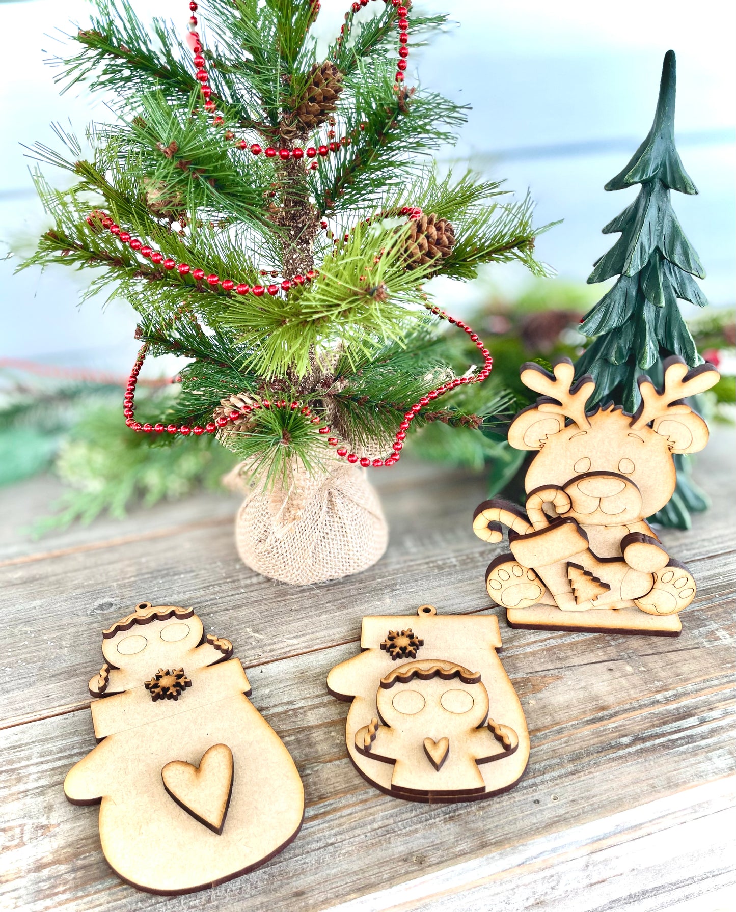 Bundle - Mitten Gingerbread Men DIY Ornaments (Set of 2) + Mini Stand Alone Teddy Bear Reindeer - DIY Craft Kit