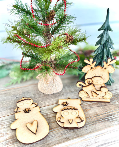 Bundle - Mitten Gingerbread Men DIY Ornaments (Set of 2) + Mini Stand Alone Teddy Bear Reindeer - DIY Craft Kit
