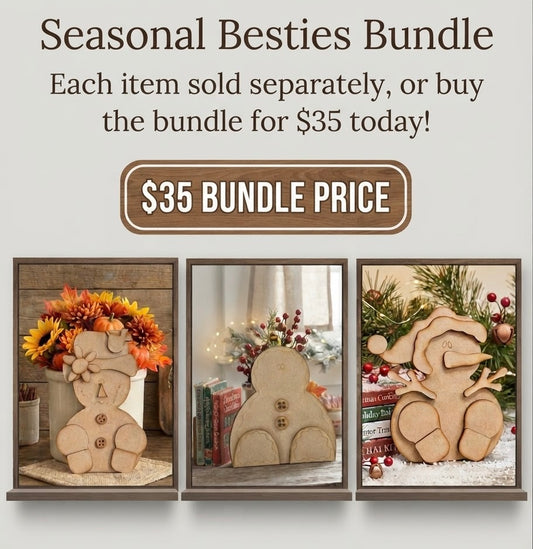 (Item#107) Fall and Christmas/Winter Besties Bundle Leaners (Scarecrow, Sammy Snowman, and Gingerbread Man) - DIY Craft Kit