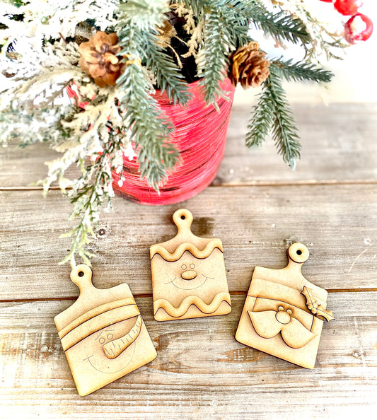 Merry Monday Mini Cutting Board DIY Ornaments (Set of 3; Santa, Snowman, Gingerbread)