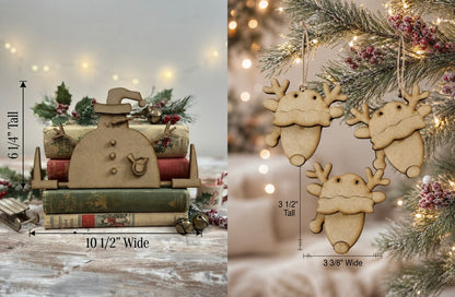 (Item#110) Bundle - Wonky Snowman Leaner w/ Cardinal + Santa Hat Reindeer DIY Ornaments