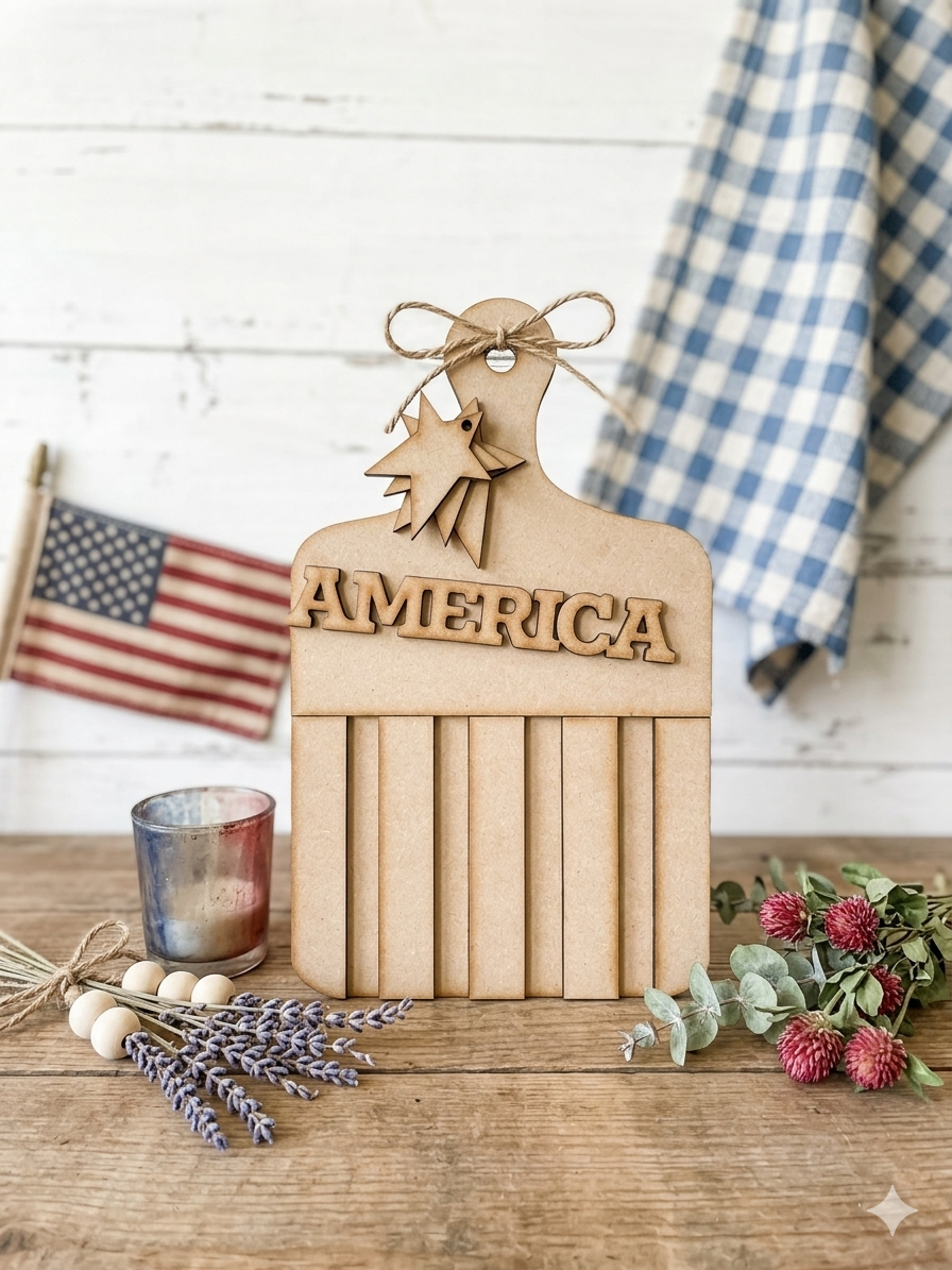 (Item#060) “America” Cutting Board Leaner w/ Stars and Stripes - DIY Craft Kit