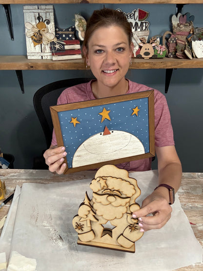 (Item#076) Bundle - Snowman Sky in Frame Leaner + Intricate Festive Santa Tea Light Holder - DIY Craft Kit