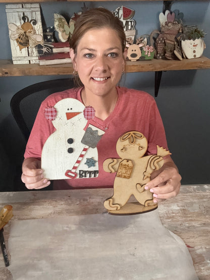 (Item#079) Bundle - “Christmas Calories Don’t Count” Stand Alone Gingerbread Man + “Brrr” Snowman w/ Shovel Leaner - DIY Craft Kit