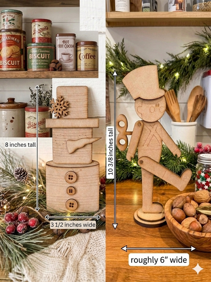 (Item#082) “Marching” Christmas Nutcracker + Stacked “Tin Can” Snowman Leaner - DIY Craft Kit