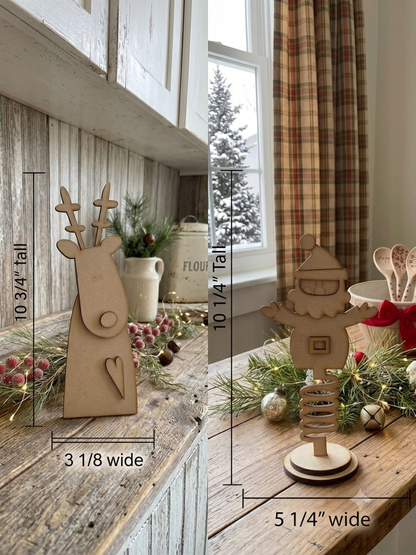 (Item#085) Bundle - Skinny Reindeer Leaner + Santa on Spring w/ Base - DIY Craft Kit