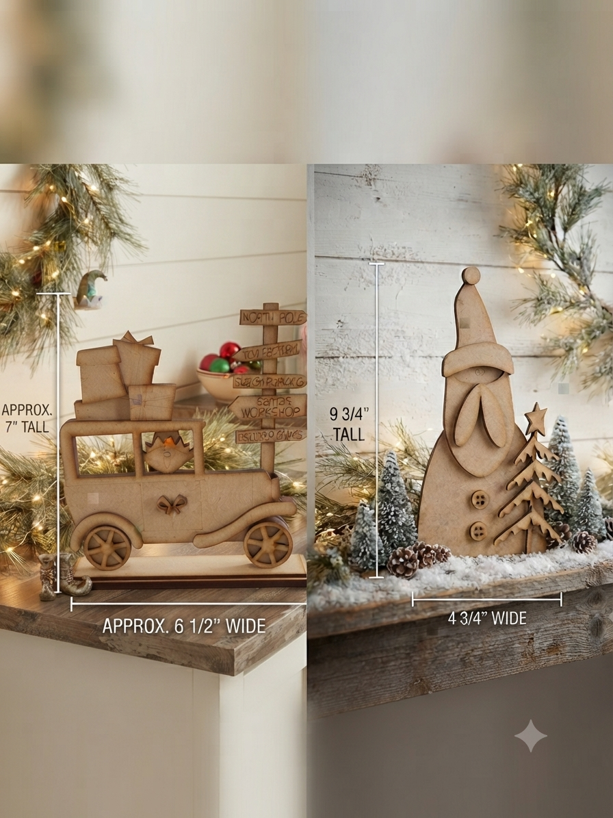 (Item#094) Bundle - Elf in Vintage Car + Santa and Wonky Tree Leaner - DIY Craft Kit